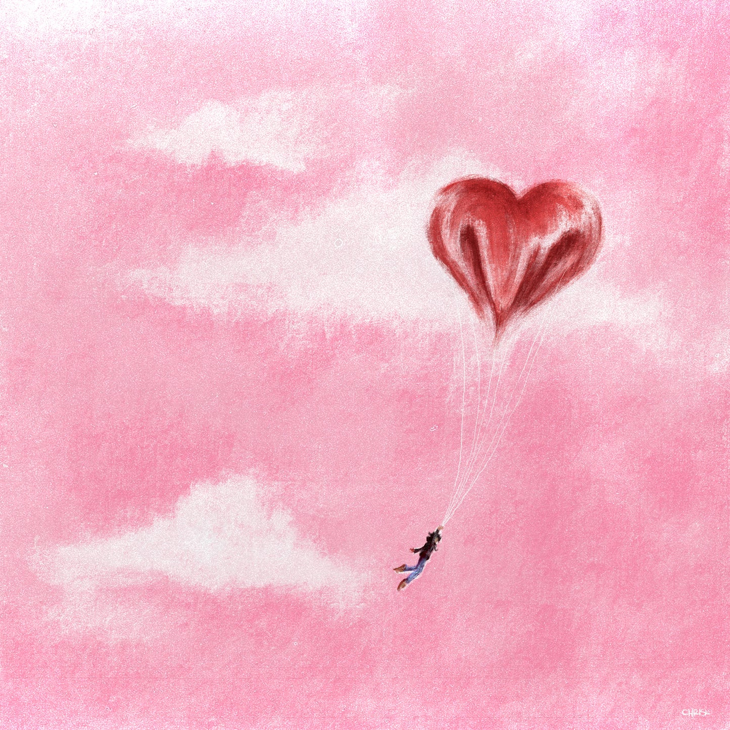 Heart Air Balloon limited edition art print, 8x8 inches featuring whimsical heart balloon design on textured watercolor paper by chriskcreates