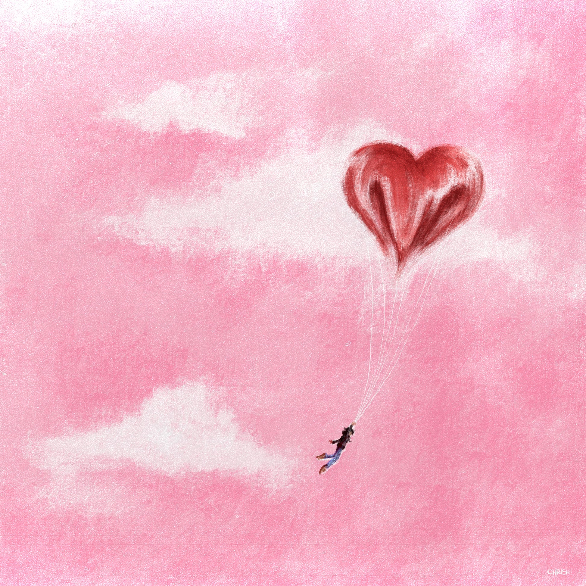 Heart Air Balloon limited edition art print, 8x8 inches featuring whimsical heart balloon design on textured watercolor paper by chriskcreates